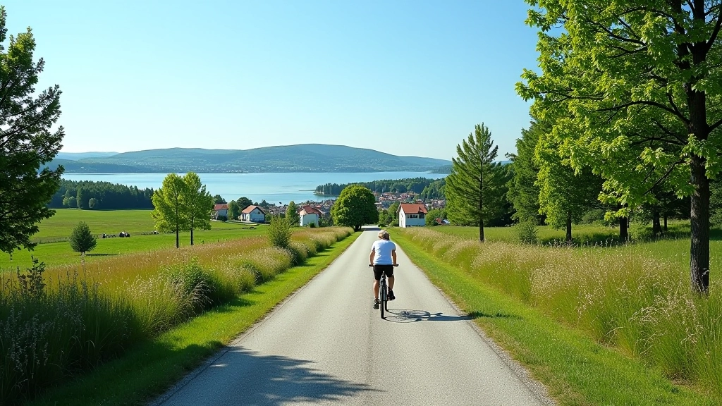 Jalgrattarada kulgeb metsaservade vahel, ees näha väikelinn ja meremägi