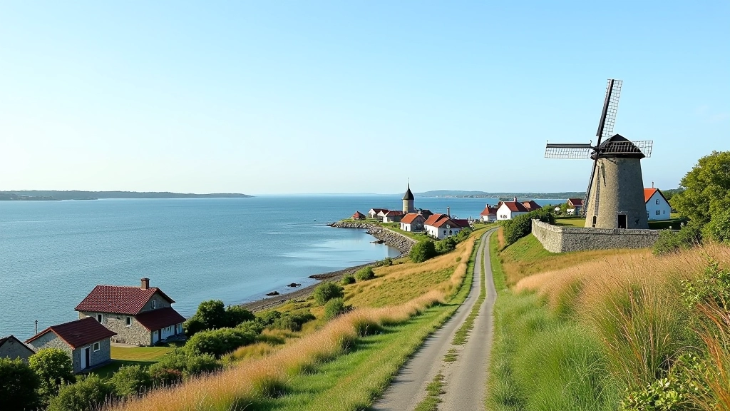 Panoraamvaade Ranna külast rannapeal, kalune meri taustal, selge päevavalgus